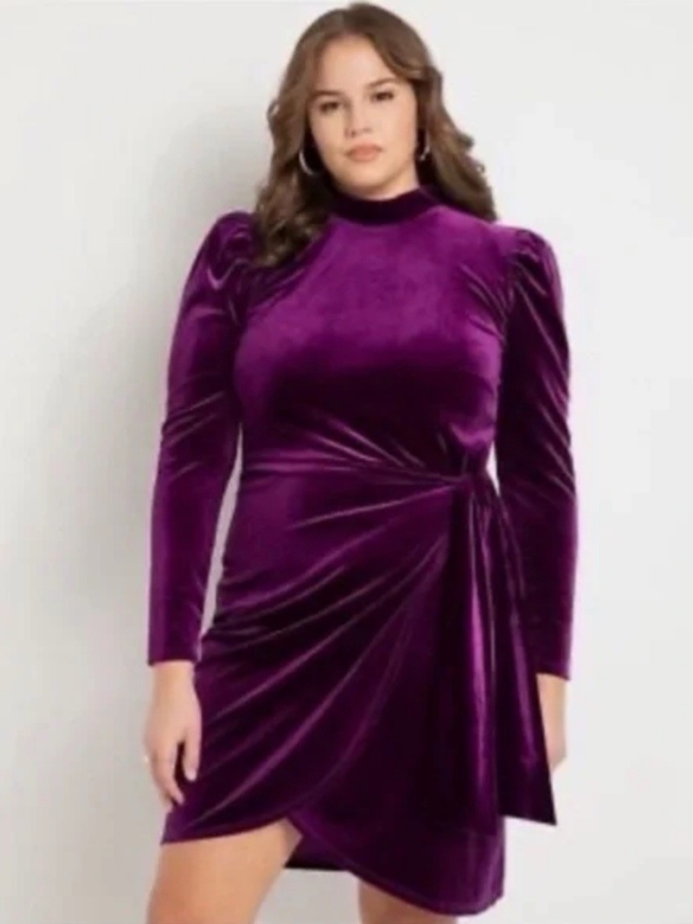 Eloquii Rich Purple Velvet Long Sleeve Short Party Dress Plus Size 16